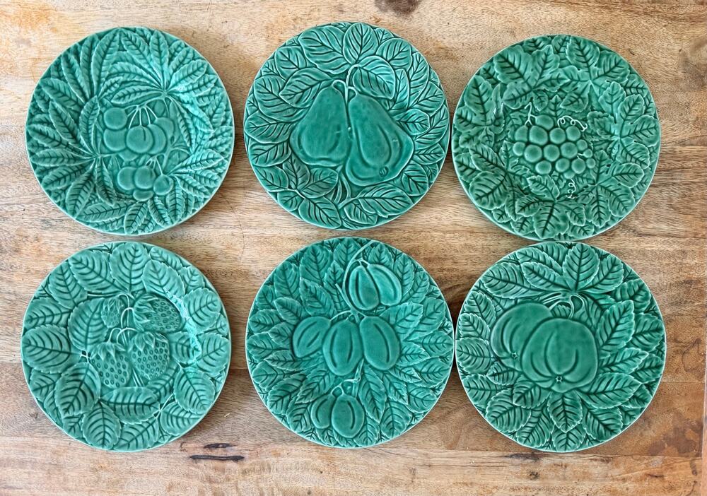 6 Vintage Bordallo Pinheiro Green Majolica 7" Fruit Plates Caldas da Rainha